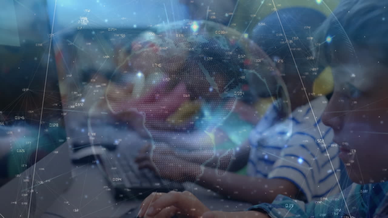 animazione di una rete di connessioni e di un globo su diversi scolari che utilizzano i computer