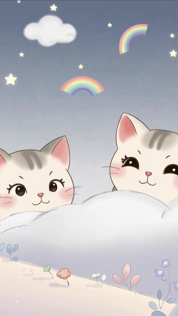 Video vertikal: Loop dimulai dengan dua anak kucing lucu mengintip di atas awan di langit pastel, berkedip berulang.