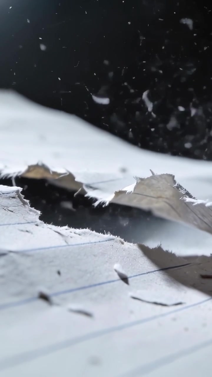 Video verticale: Mostra un foglio strappato di quaderno a righe su una scrivania, la telecamera si muove verso l'alto rivelando i bordi arricciati.