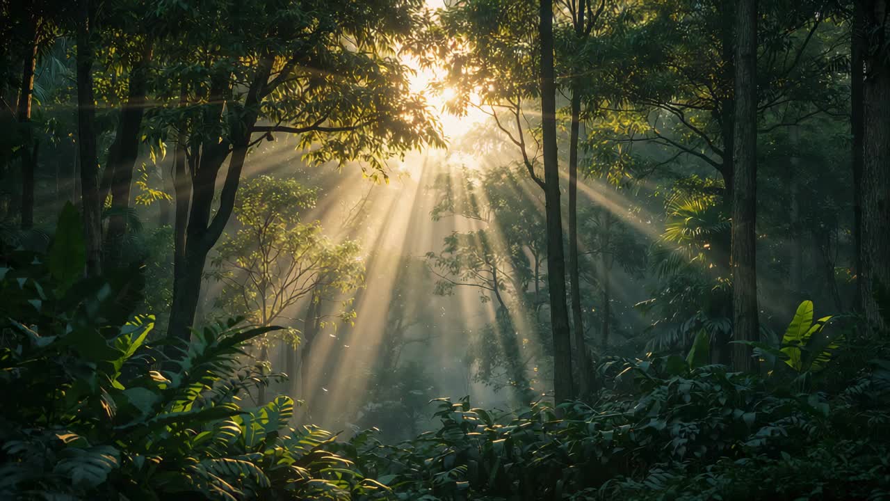 Rising sun sending sunbeams streaming through canopy, illuminating ferns and trunks in forest gap