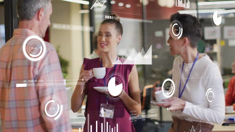 Animation-of-graphs,-loading-circle-and-bars-over-diverse-coworkers-discussing-during-tea-break