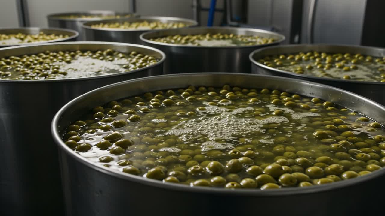 A Close-Up View of Large Containers Filled with Fermenting Green Olives Surrounded by Bubbles in a Kitchen Setting
