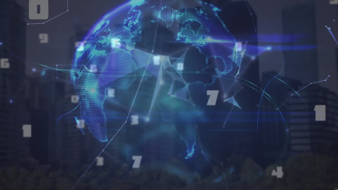 도시 풍경 위의 지구와 연결된 네트워크의 애니메이션