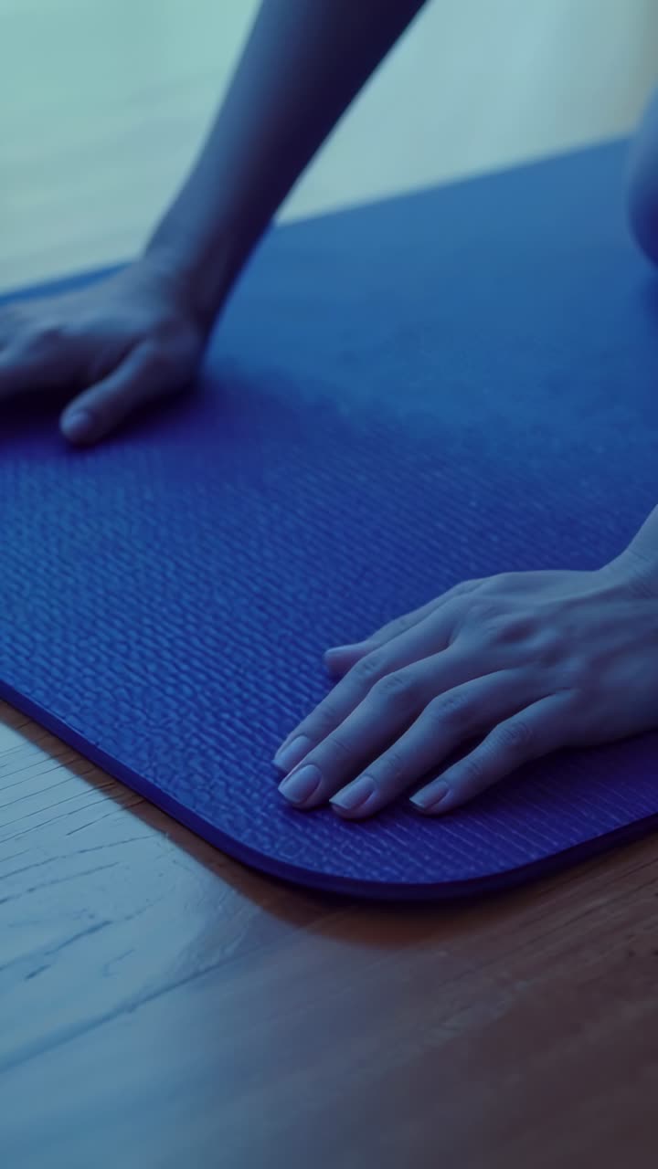 Vertical video: Kneeling woman in sportswear pressing into blue mat on wood floor, preparing plank