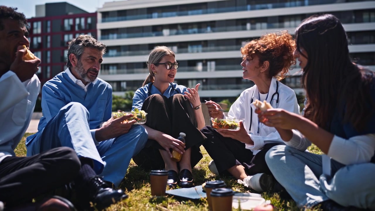 Team medico eterogeneo che si gode la pausa pranzo all'aperto sull'erba