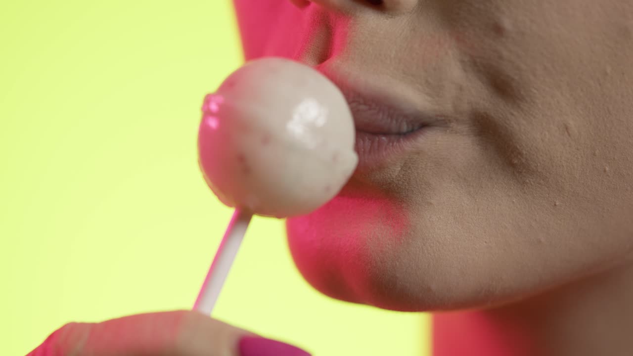 mujer lamiendo helado, boca en primer plano en fondo amarillo