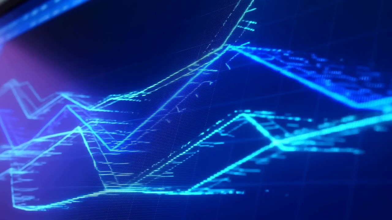 Electric Blue Line Graphs On Grid, Holographic Market Charts Pulse With Rising Peaks And Luminous Nodes, Fast