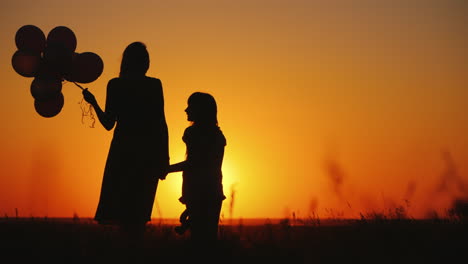 mom and daughter are standing on a meadow at sunset they are holding balls and a teddy bear inspirat