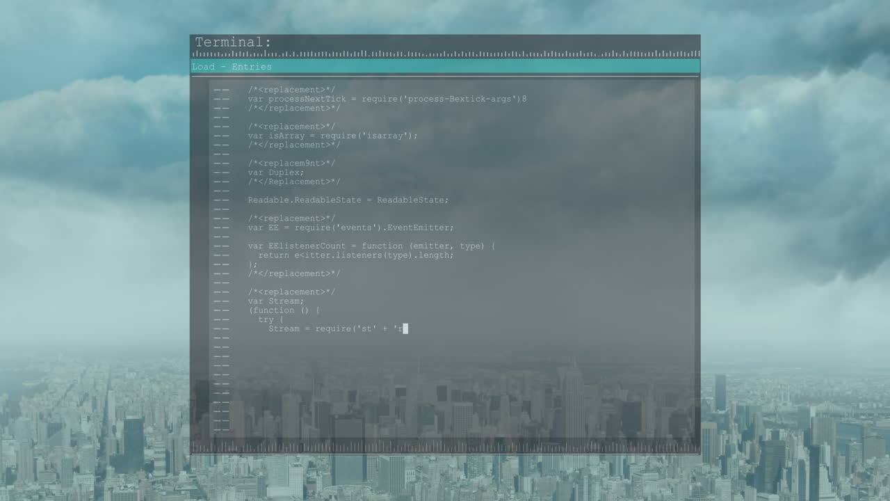 animación del procesamiento de datos en pantalla sobre el paisaje urbano