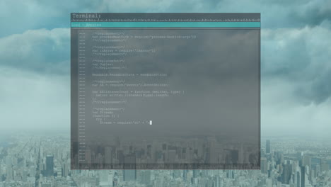 animación del procesamiento de datos en pantalla sobre el paisaje urbano