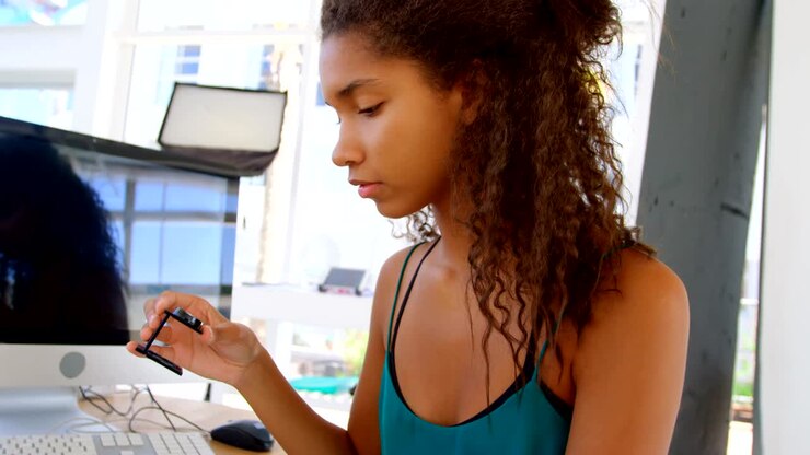 Model checking photos with magnifying glass 4k