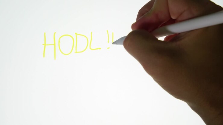 Persona che scrive "hodl" e un simbolo Bitcoin su un tablet.