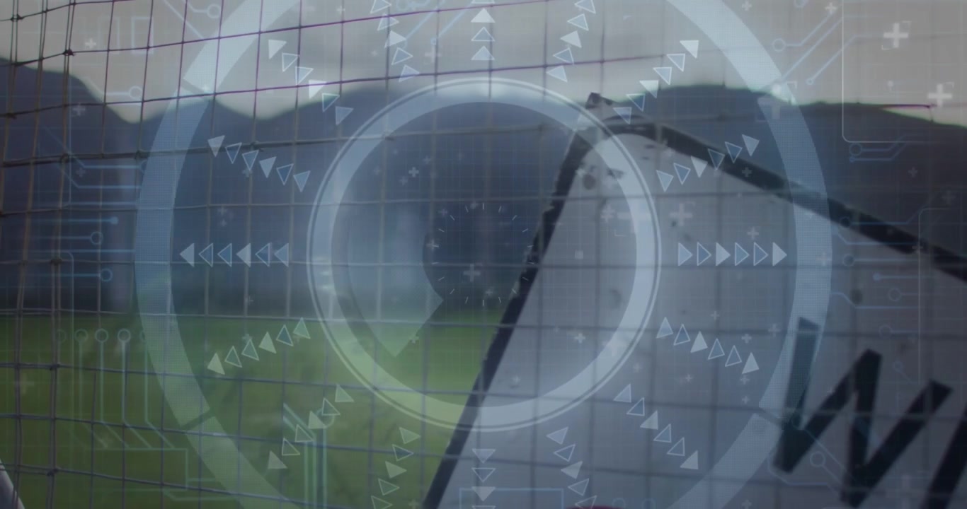 Camera panning past leaning sign, red ring mesh fence causing HUD centering tech target on plain