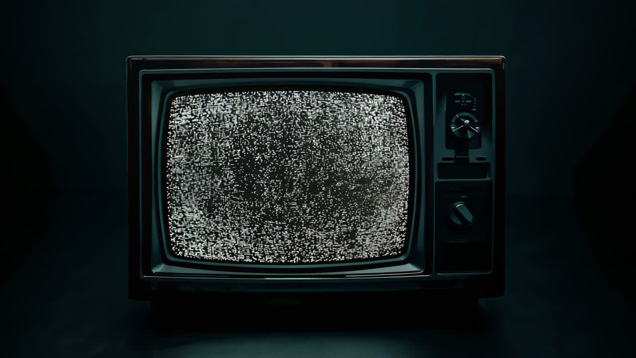 Zooming camera capturing CRT TV with analog control knobs in studio to highlight static pattern