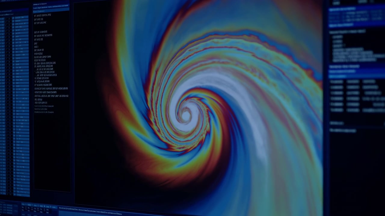 Close-up of widescreen monitor showing bright spiral flow simulation in thermal-like false colors, with deep blue and cyan shifting through yellow, orange and red into brilliant white core