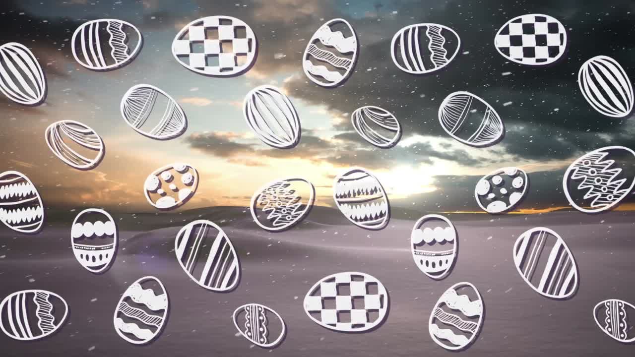 animación de huevos sobre la caída de nieve y el paisaje de invierno