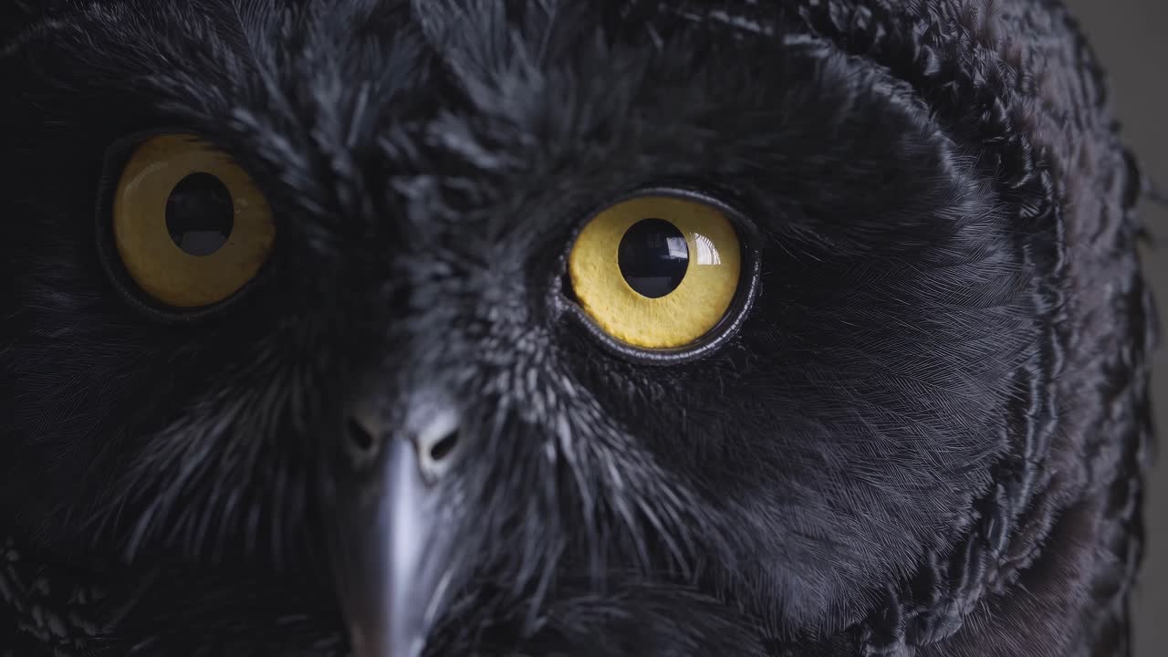 Close-up of an owl's intense yellow eyes, captured from a frontal angle