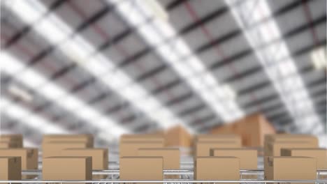 animation of cardboard boxes moving on conveyor belts over warehouse