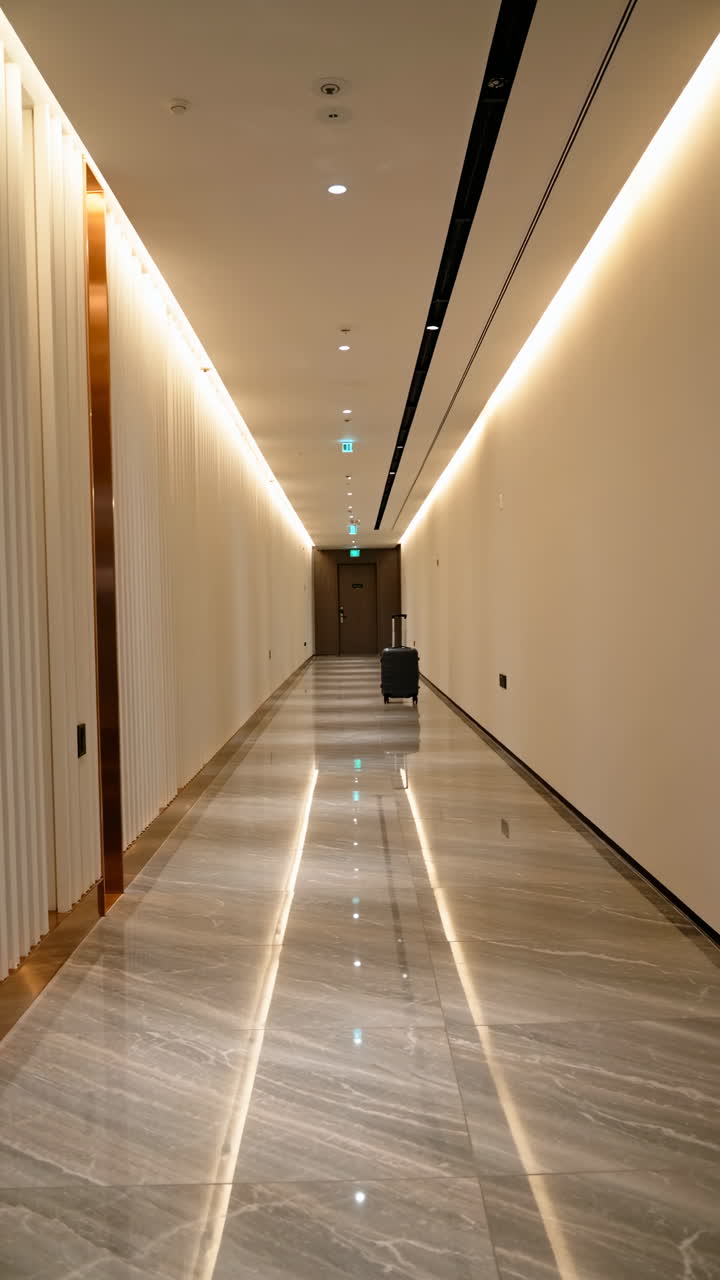 Long modern hotel hallway with a suitcase