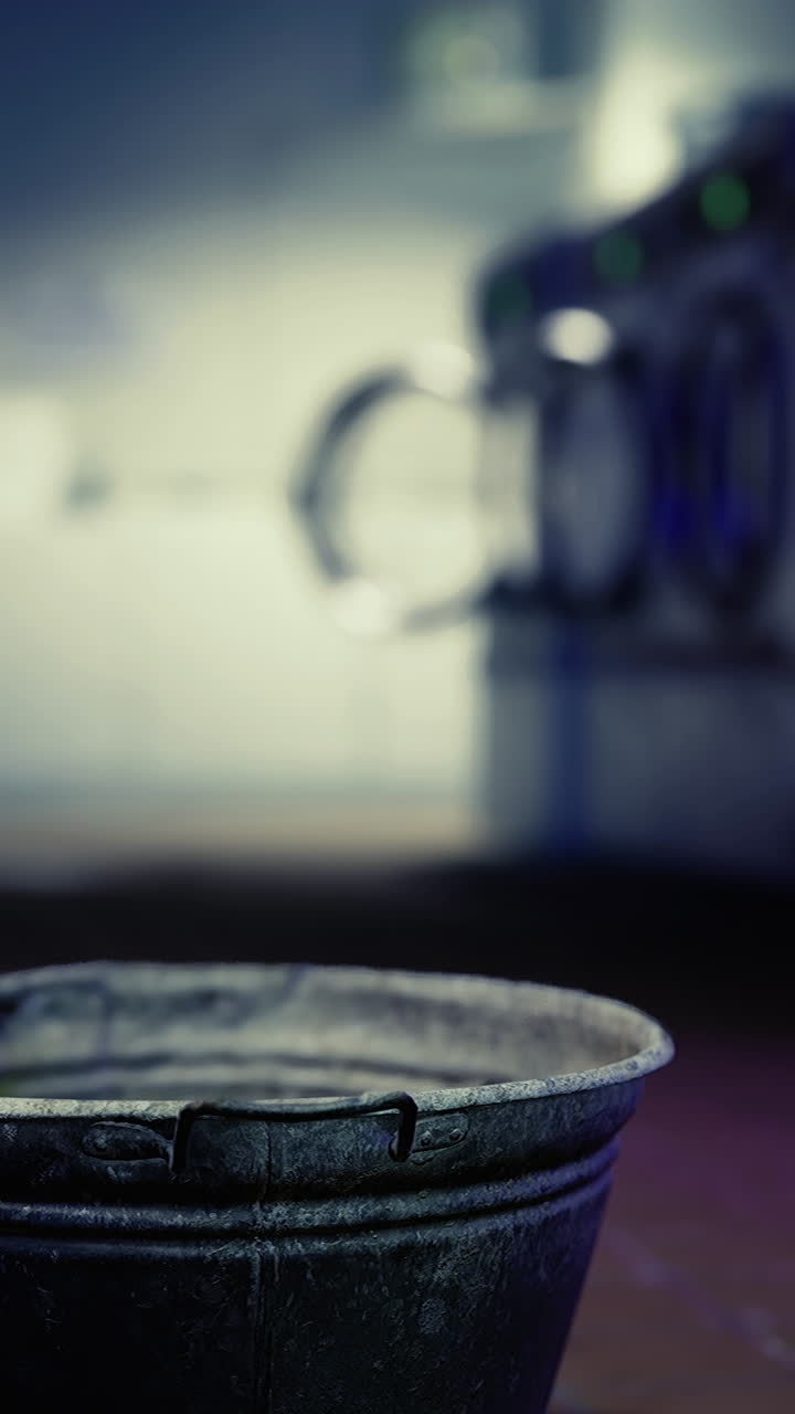 Rusty bucket placed on floor in dimly lit laundromat at night