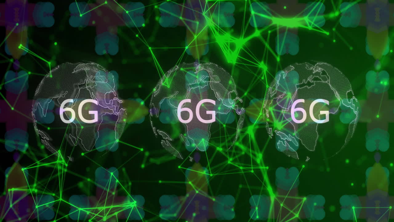 6G text over digital globe with green network connections animation