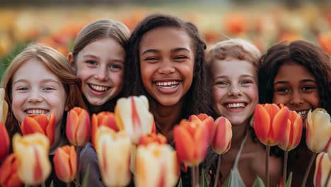 diverse group of smiling children in a tulip field