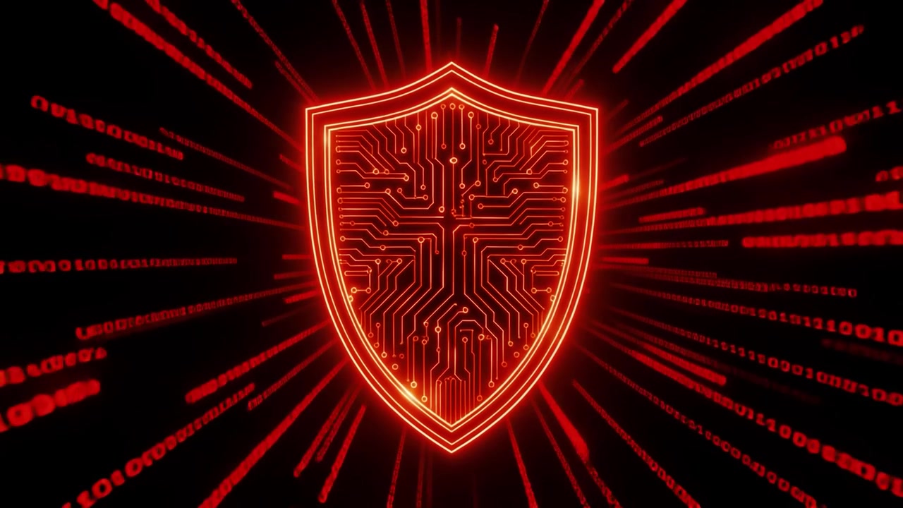 Scudo di cybersecurity rosso luminoso con flusso di codice binario