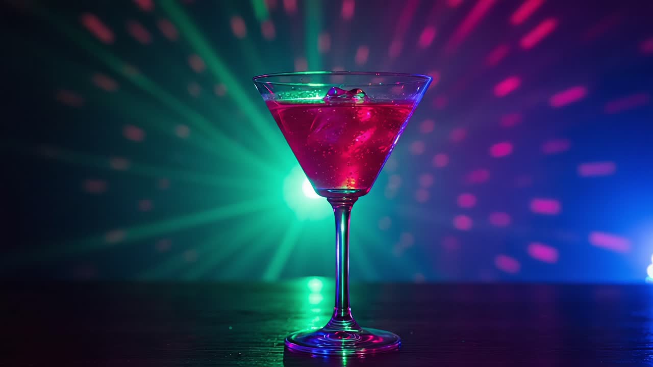 Un cóctel vibrante en una copa elegante, que resplandece bajo luces de colores, creando un ambiente festivo perfecto para una noche de fiesta o celebración