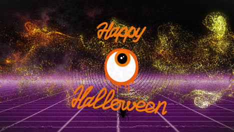 animation of halloween text with eyeball, glowing particles over digital landscape