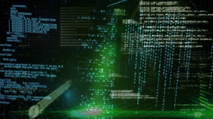 Dati digitali in movimento su uno sfondo a griglia digitale con codice binario in volo