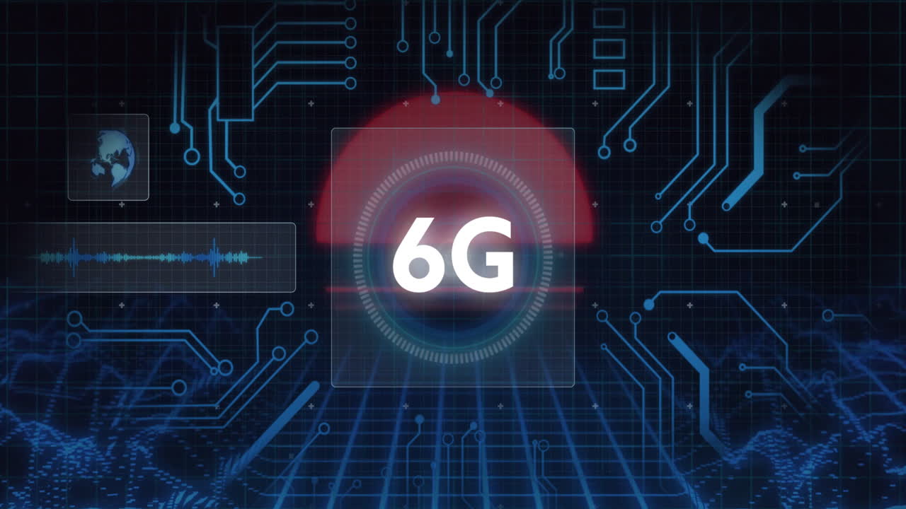 Animation of 6G technology with digital circuits and futuristic interface elements