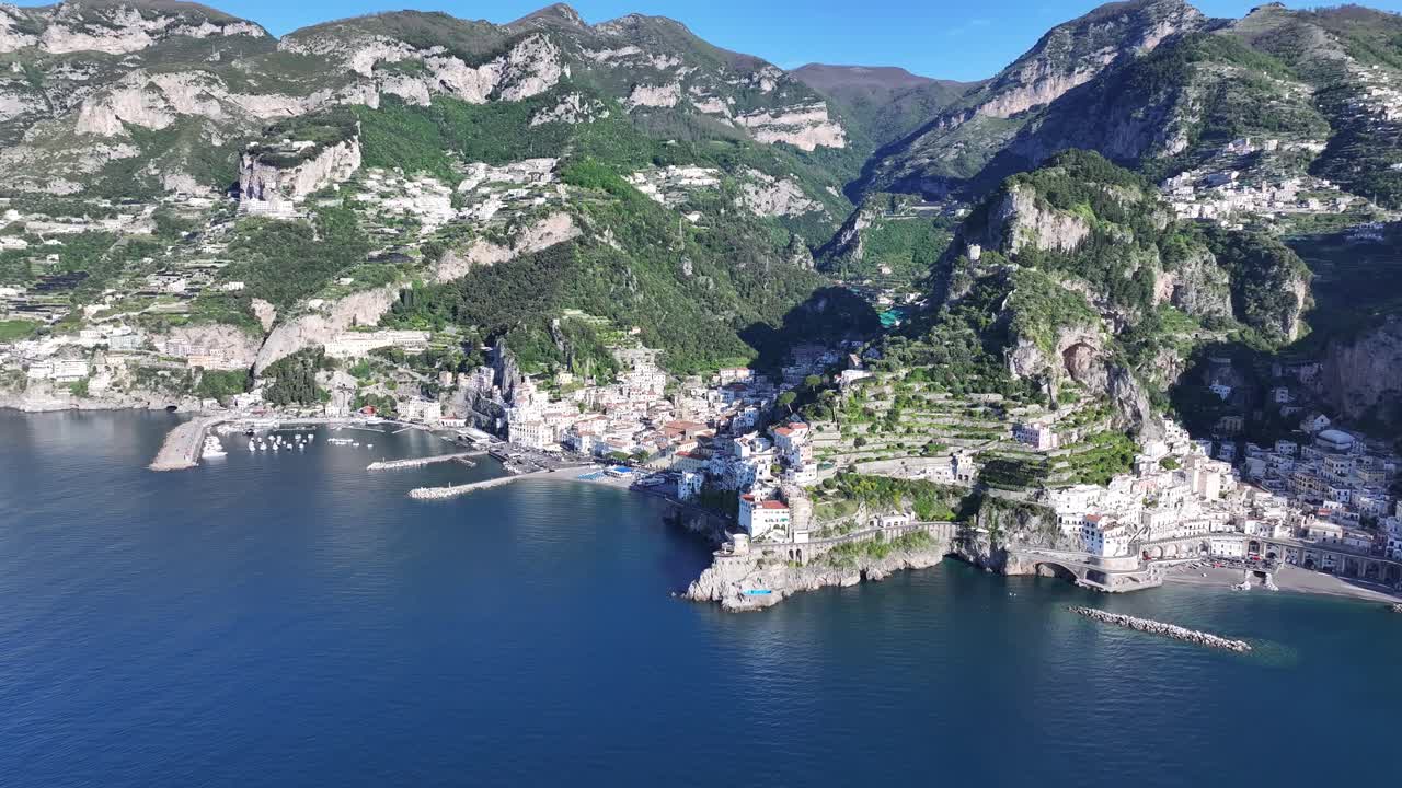 Amalfi Coast At Amalfi In Salerno Italy. Coastal City. Waterfront Landscape. Amalfi Coast At Salerno Italy. Beach Scenery. Medieval Buildings. Beach Skyline. Paradise Landscape.