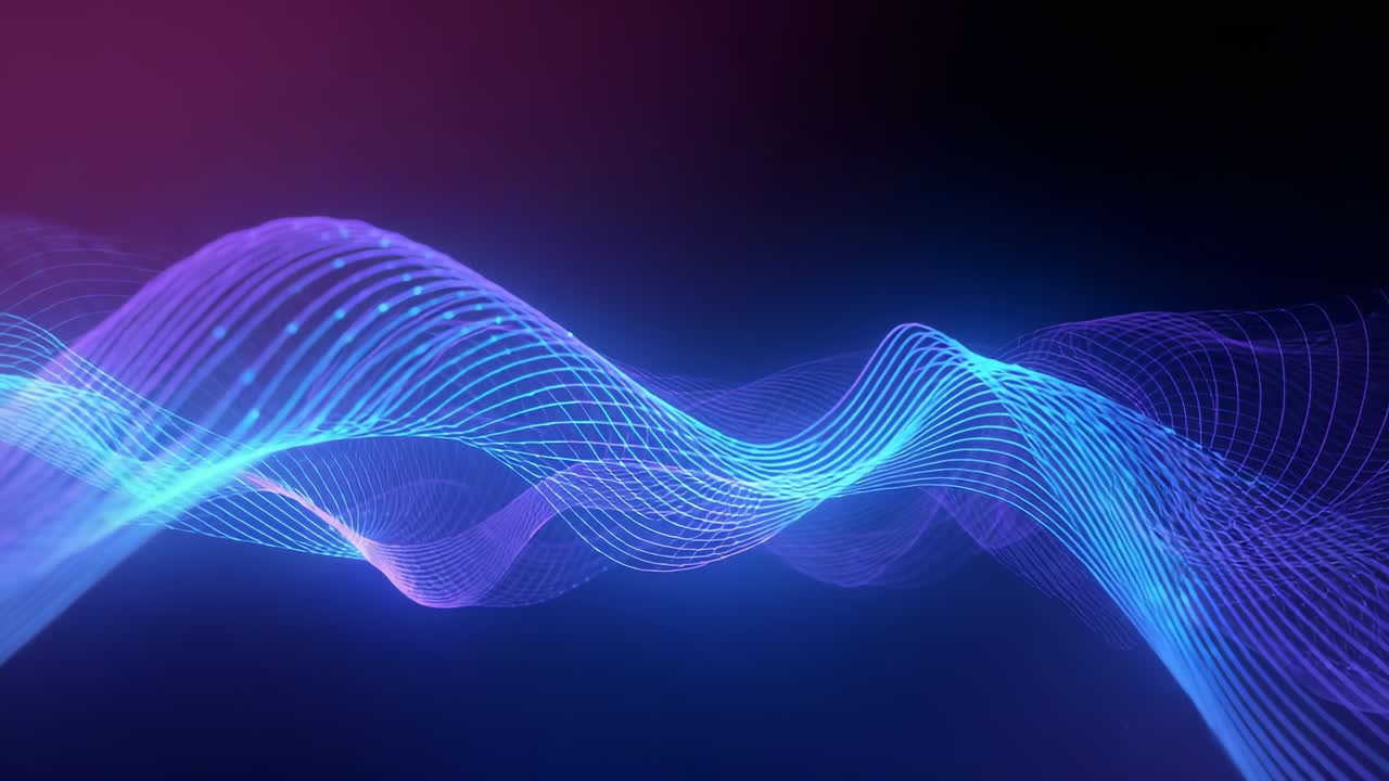 Emerging from left neon-blue wave grid undulating in digital void, showing energy via glowing nodes