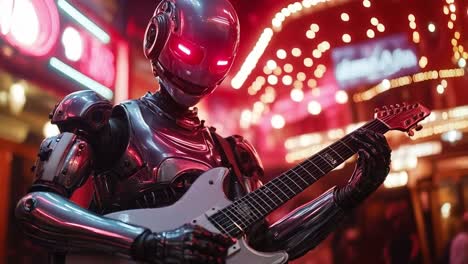 robot playing guitar in a futuristic setting