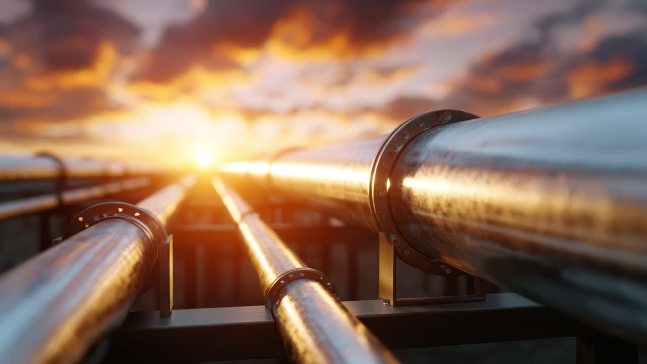 Uno splendido tramonto su condotte industriali, che illumina i tubi metallici e cattura la bellezza della natura e dell'industria in perfetta armonia.