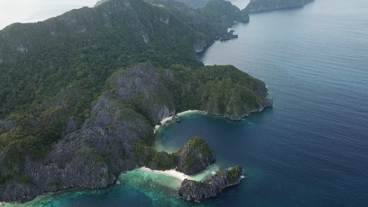 El Nido Archipelago, Palawan Island, Philippines. Aerial View of Exotic Coastline, White Sand Beach and Coral Reefs