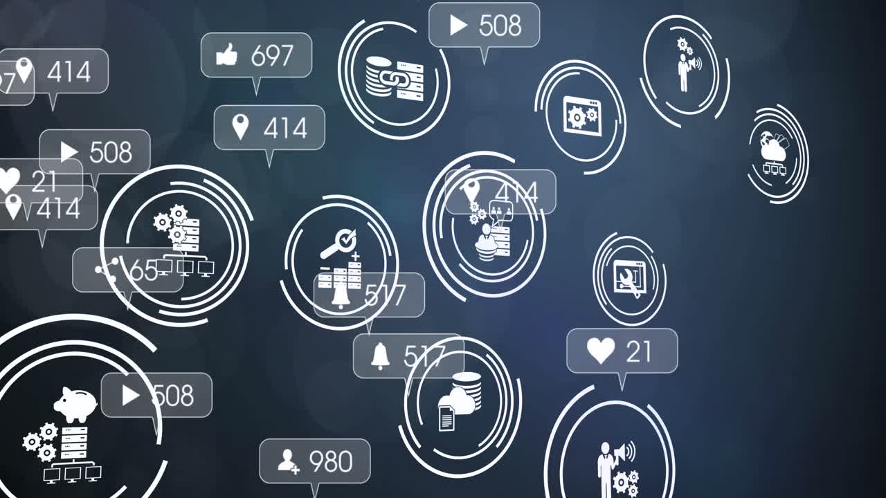 Animation of icons and growing numbers on black background