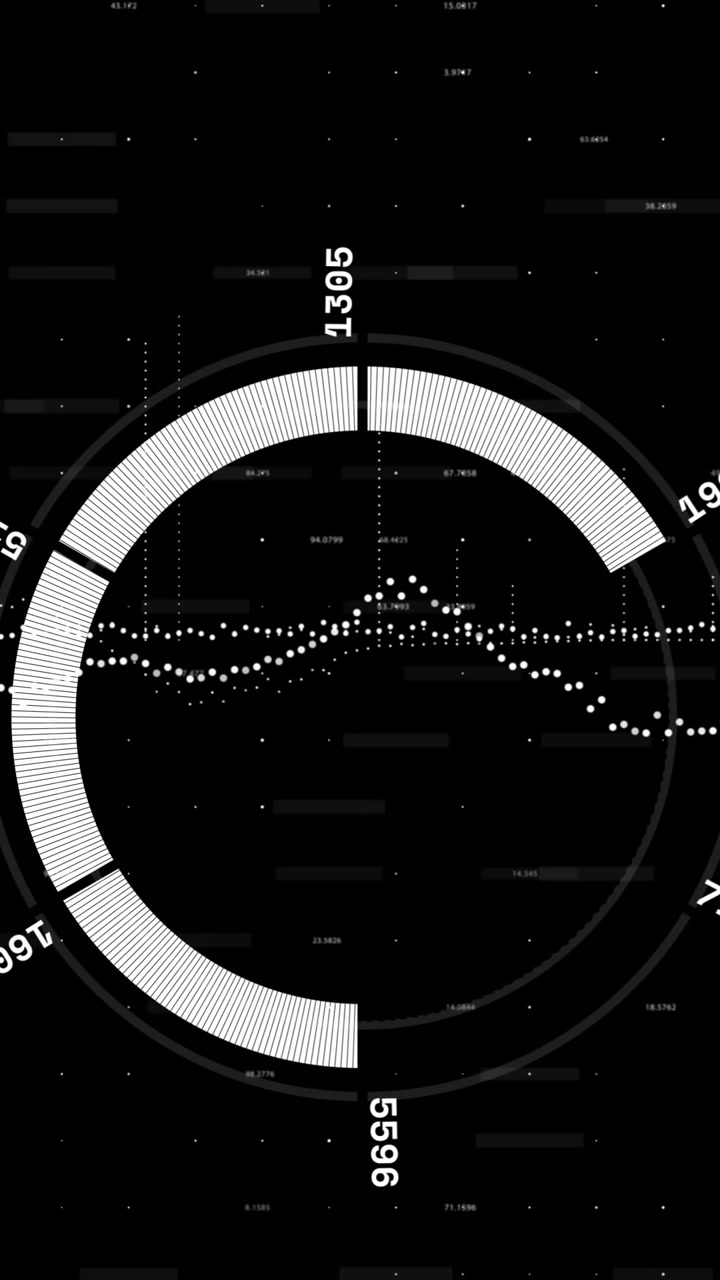Animation of circular data visualization with numerical values over digital waveform