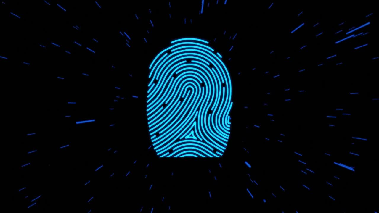 animación del procesamiento de datos y huellas dactilares biométricas sobre un fondo oscuro