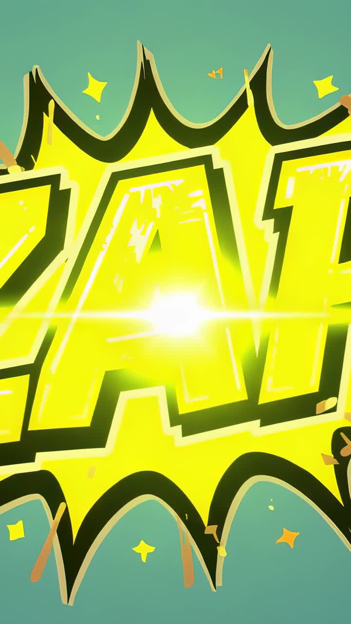Video verticale: Ampia luce che crea un'esplosione fumettistica con zoom su verde acqua, rivelando lettere e coriandoli