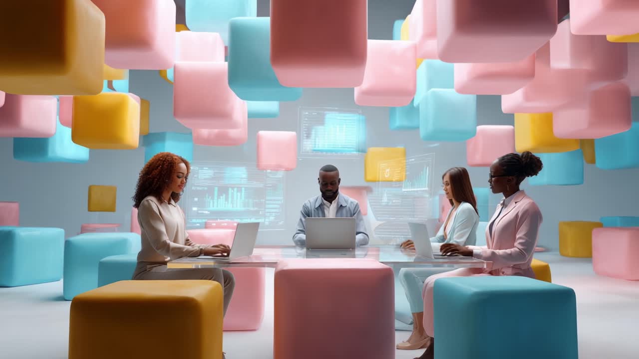 A Diverse Group Collaborates in a Modern Workspace Surrounded by Colorful Cubes, Engaging in Innovative Discussions and Analyzing Data with Technology at Their Fingertips