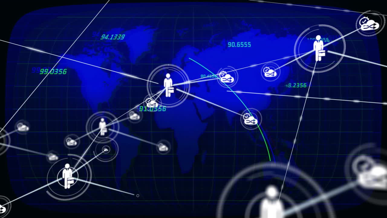Global network connections and data exchange animation over world map background