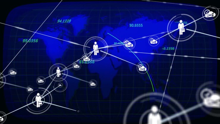 Global network connections and data exchange animation over world map background