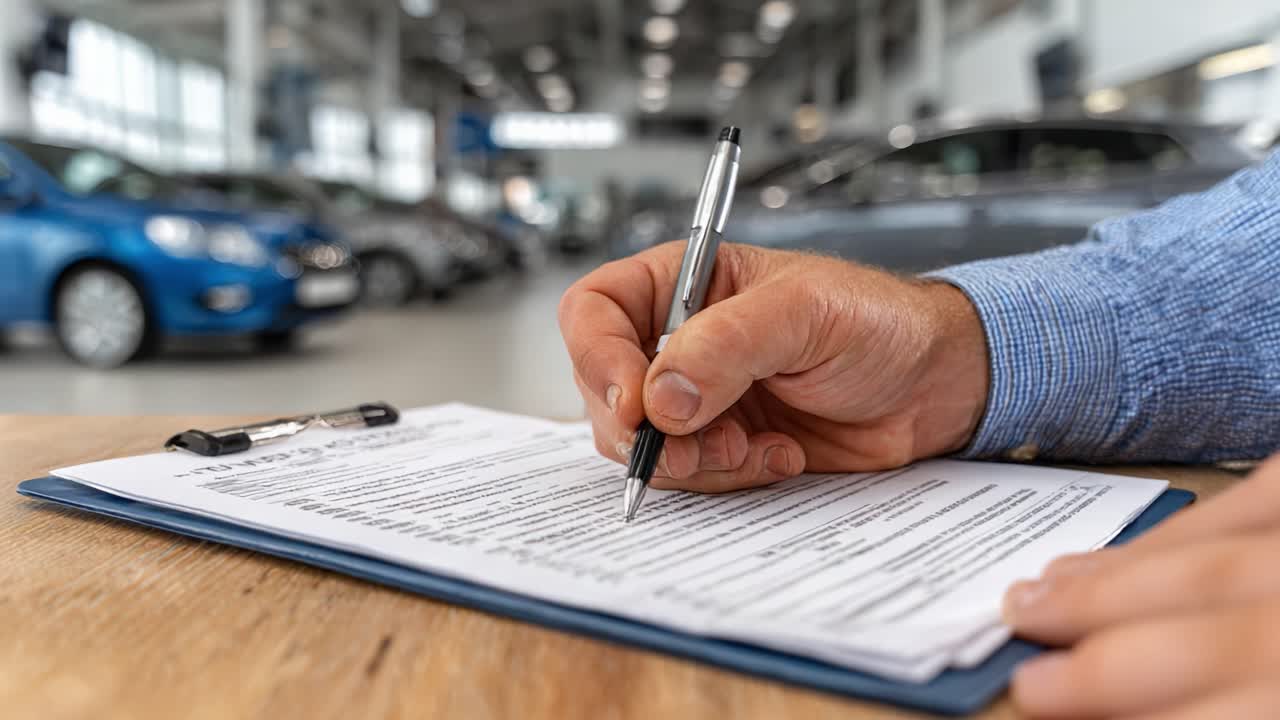 Una persona che compila un documento con una penna in una concessionaria d'auto, circondata da veicoli, illustrando il processo di firma di documenti importanti in un ambiente di autosalone.