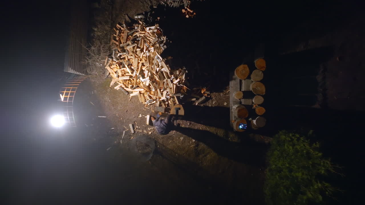Aerial portrait rising above a man swinging axe on wood, on a illuminated yard