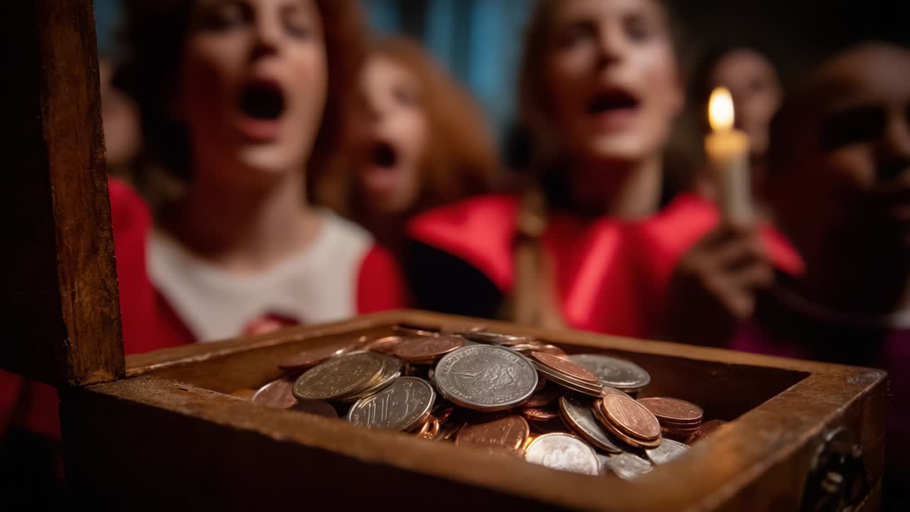 A close-up view of a wooden chest filled with assorted coins, surrounded by individuals in the background, conveying a sense of community gathering and shared experience with a flickering candlelight ambiance