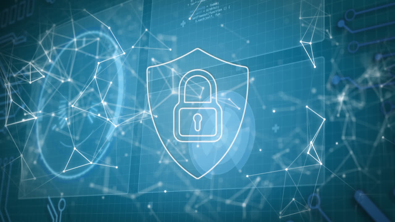 animatie van online beveiliging hangslot pictogram met netwerk van verbindingen, scope scanning