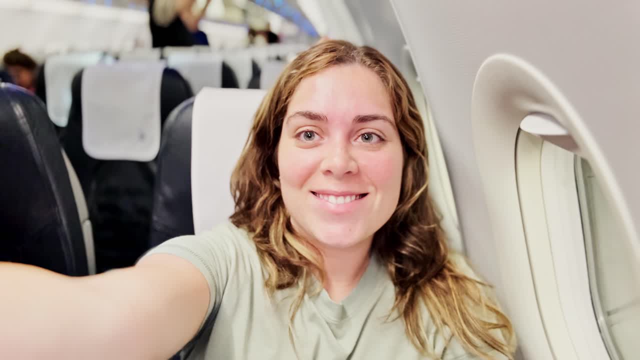 Excited Tourist Woman on an Airliner