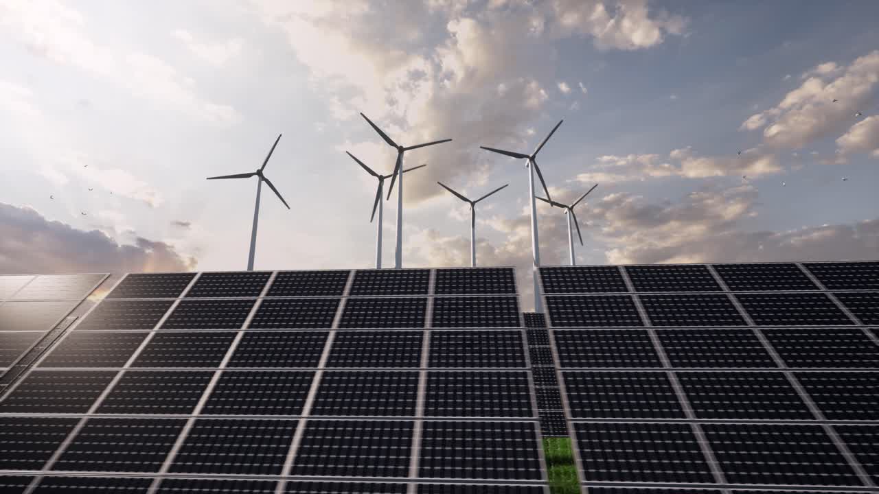 Renewable Energy Concept with Solar Panels and Wind Turbines