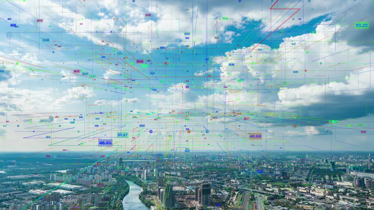 스마트 시티 항공 드론 영상 홀로그램 정보 아치 네트워크 통신 동안 형성 미래의 네트워크 및 기술 5g 드론 낮은 빛 4k 비디오 루프, 타임 라프